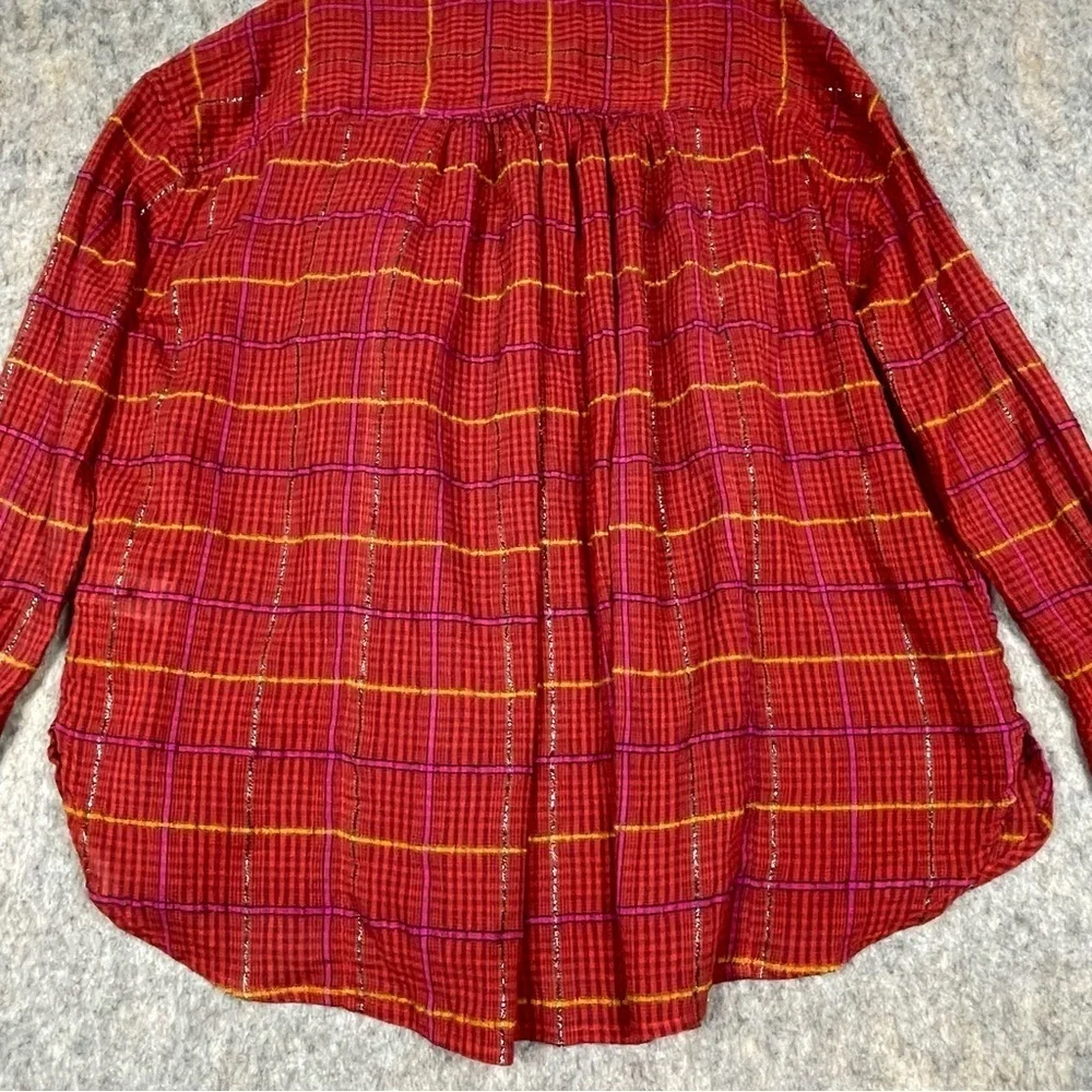 Free People Red Cherry Plaid Break My Stride Metallic Tunic Button-Up Shirt - XS
